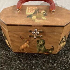 Vintage Dog-Themed Wooden Handbag with Red Handle